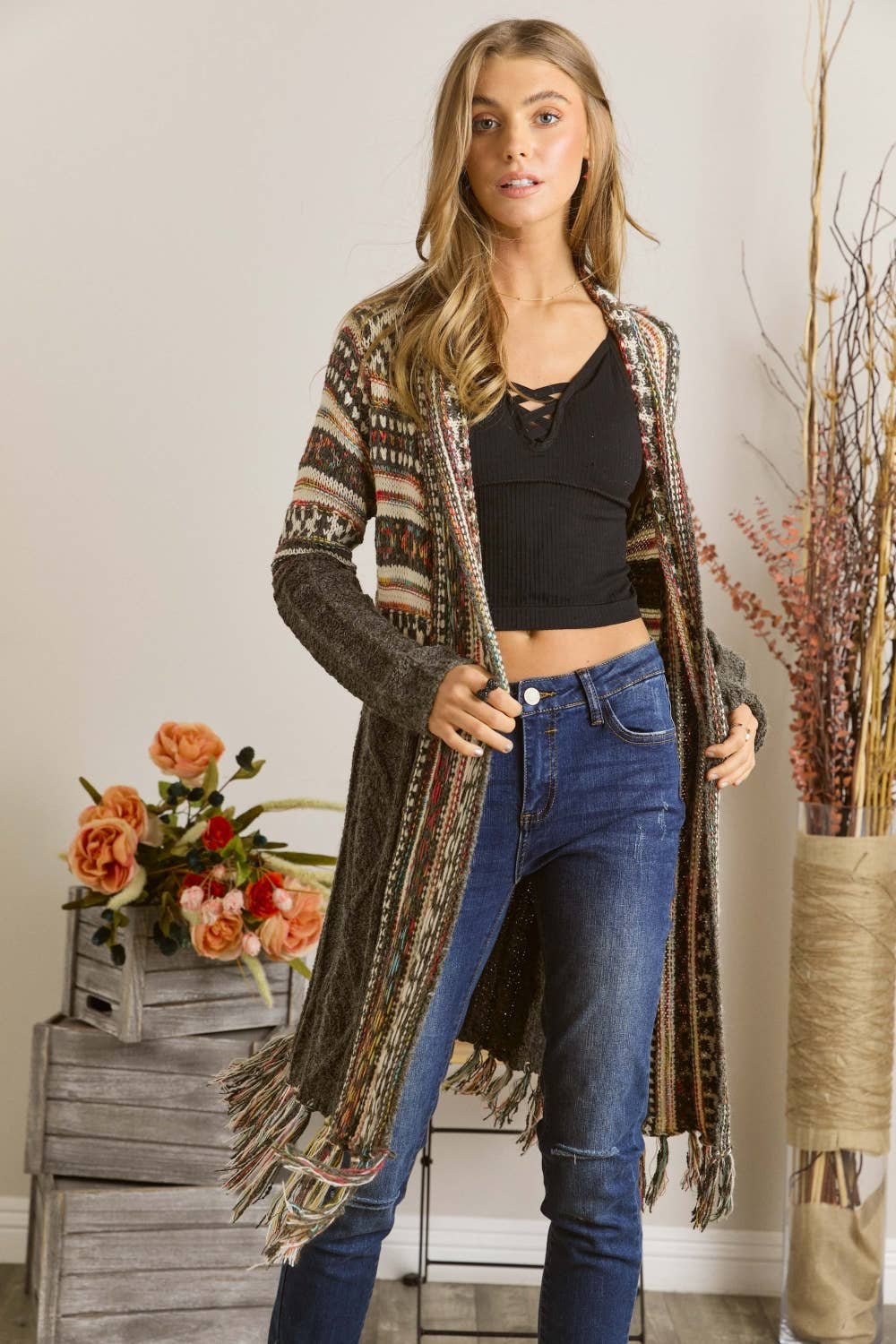 Olive Aztec Fringe Cardigan