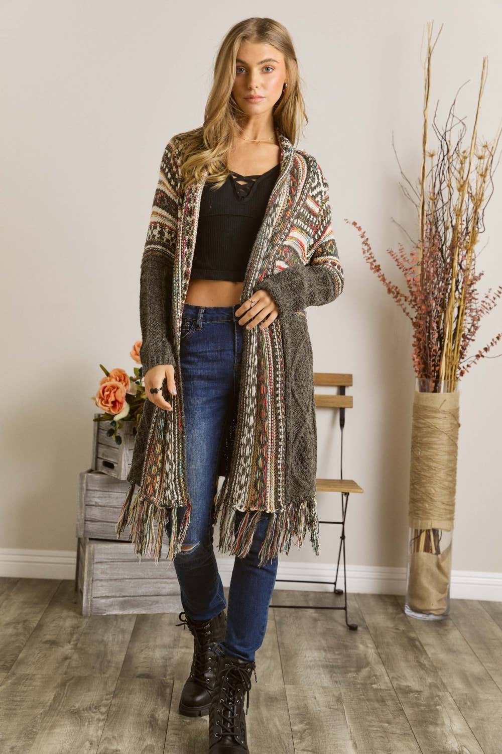 Olive Aztec Fringe Cardigan
