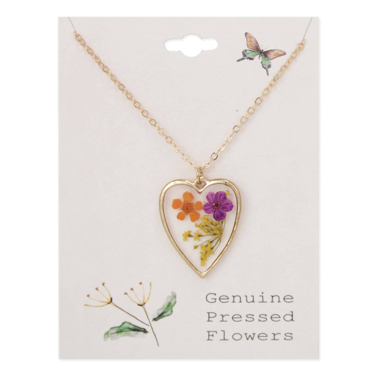 Purple Orange Dried Flower Gold Heart Necklace