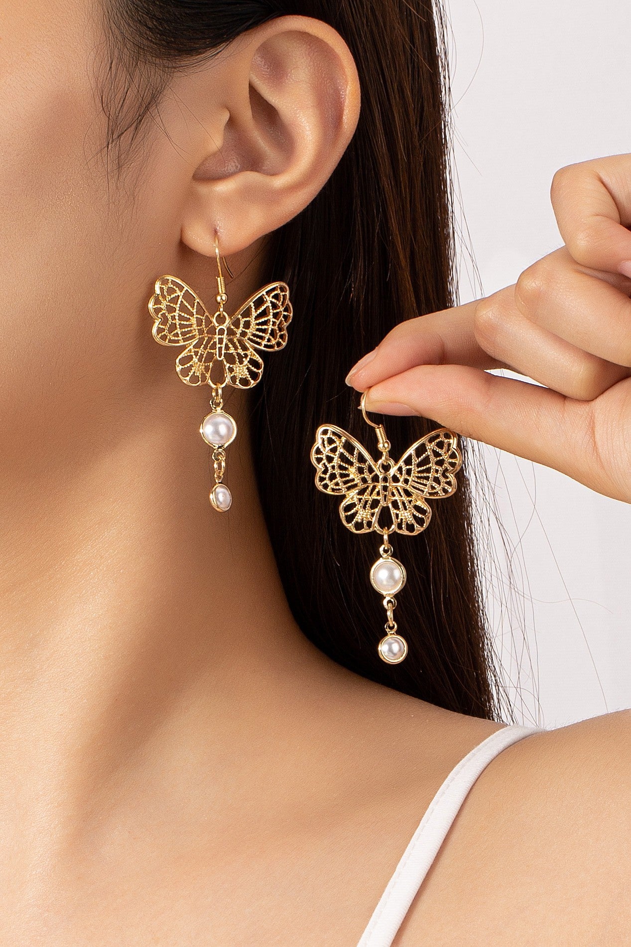 Filigree Butterfly Pearl Drop Earrings