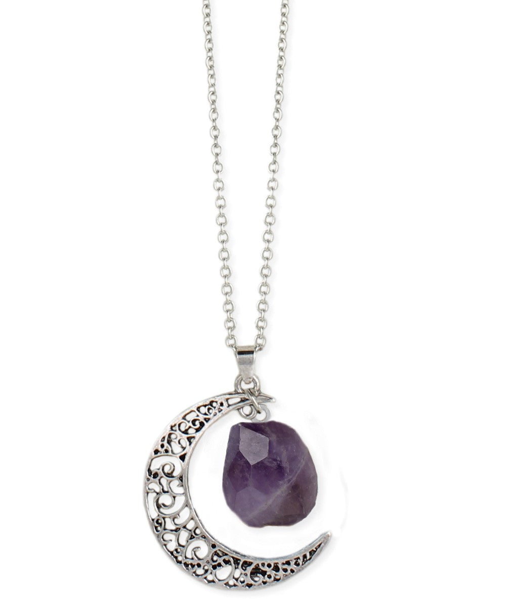 Antiqued Silver Moon Raw Amethyst Long Necklace