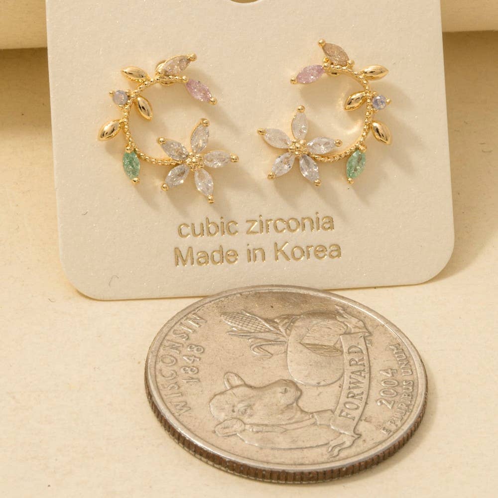 Gold Dipped Cz Leaf Flower Circle Stud Earrings
