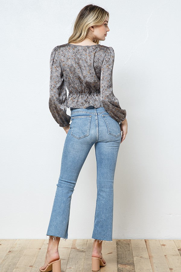 Floral Satin Front Tie Top