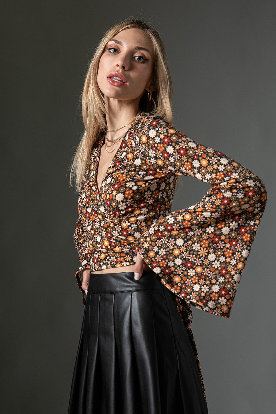 Brushed Fall Bell Sleeve Wrap Top