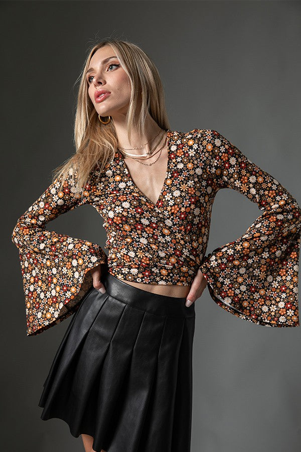 Brushed Fall Bell Sleeve Wrap Top