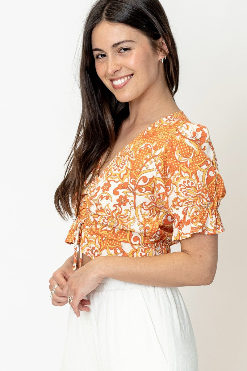 Retro Print Ruffle Cropped Top