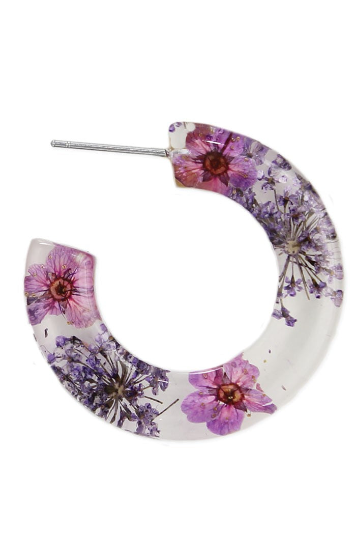 Purple Dried Flowers Acrylic Hoop Earrings