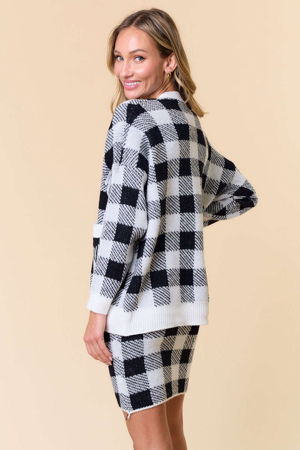 Plaid Print Button Down Cardigan & Skirt Set