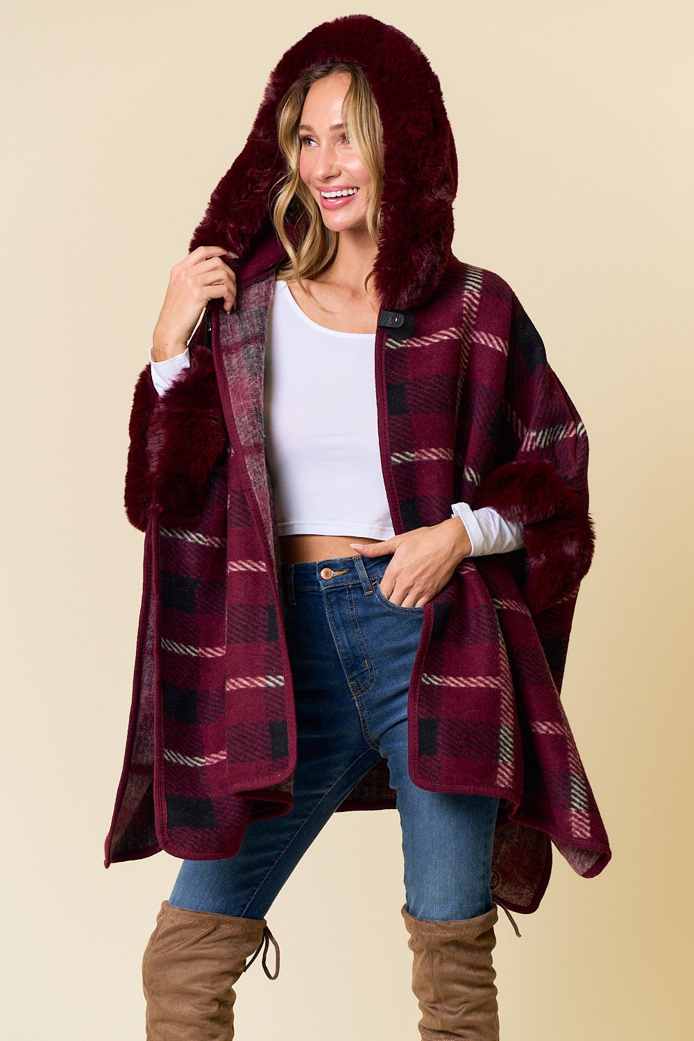 Faux Fur Coat w/ Plaid Jacquard