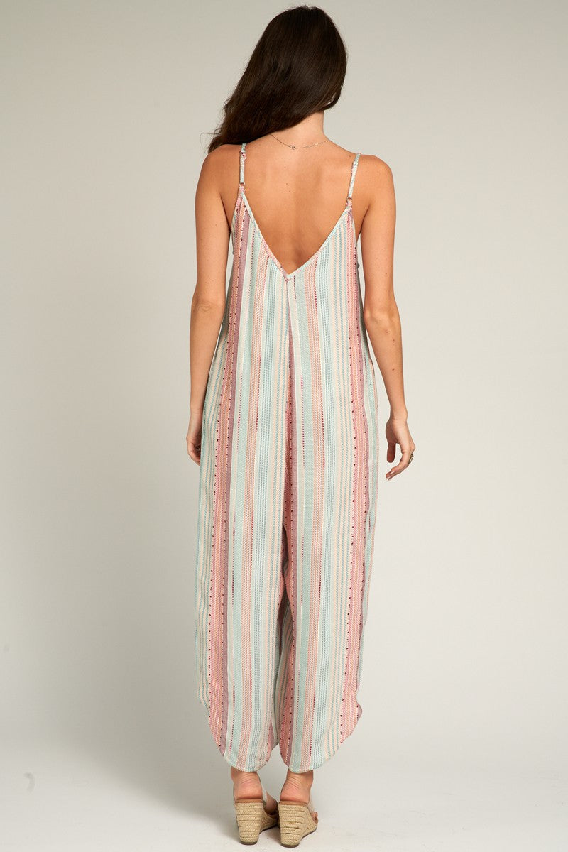 Multi Color Stripe Textured Sleeveless Jumpsuit