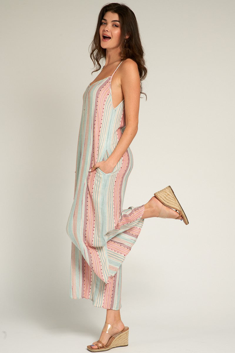Multi Color Stripe Textured Sleeveless Jumpsuit