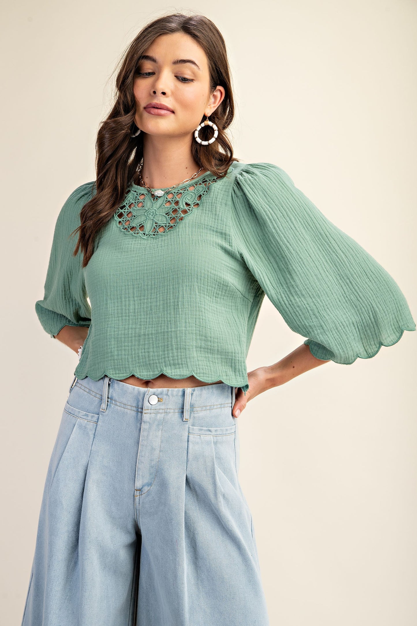 Embroidered Cutout Bell Sleeve Crop top