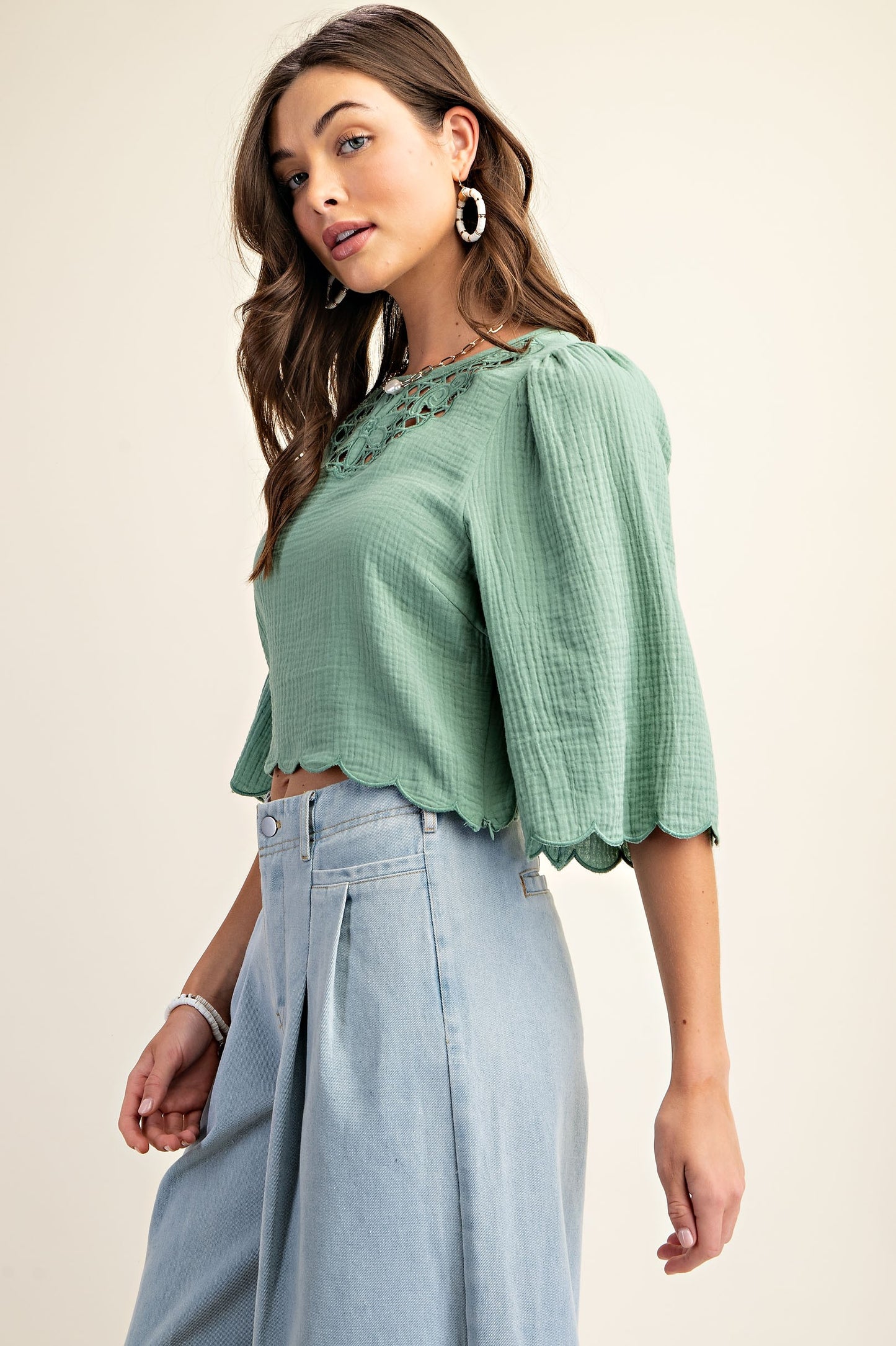 Embroidered Cutout Bell Sleeve Crop top