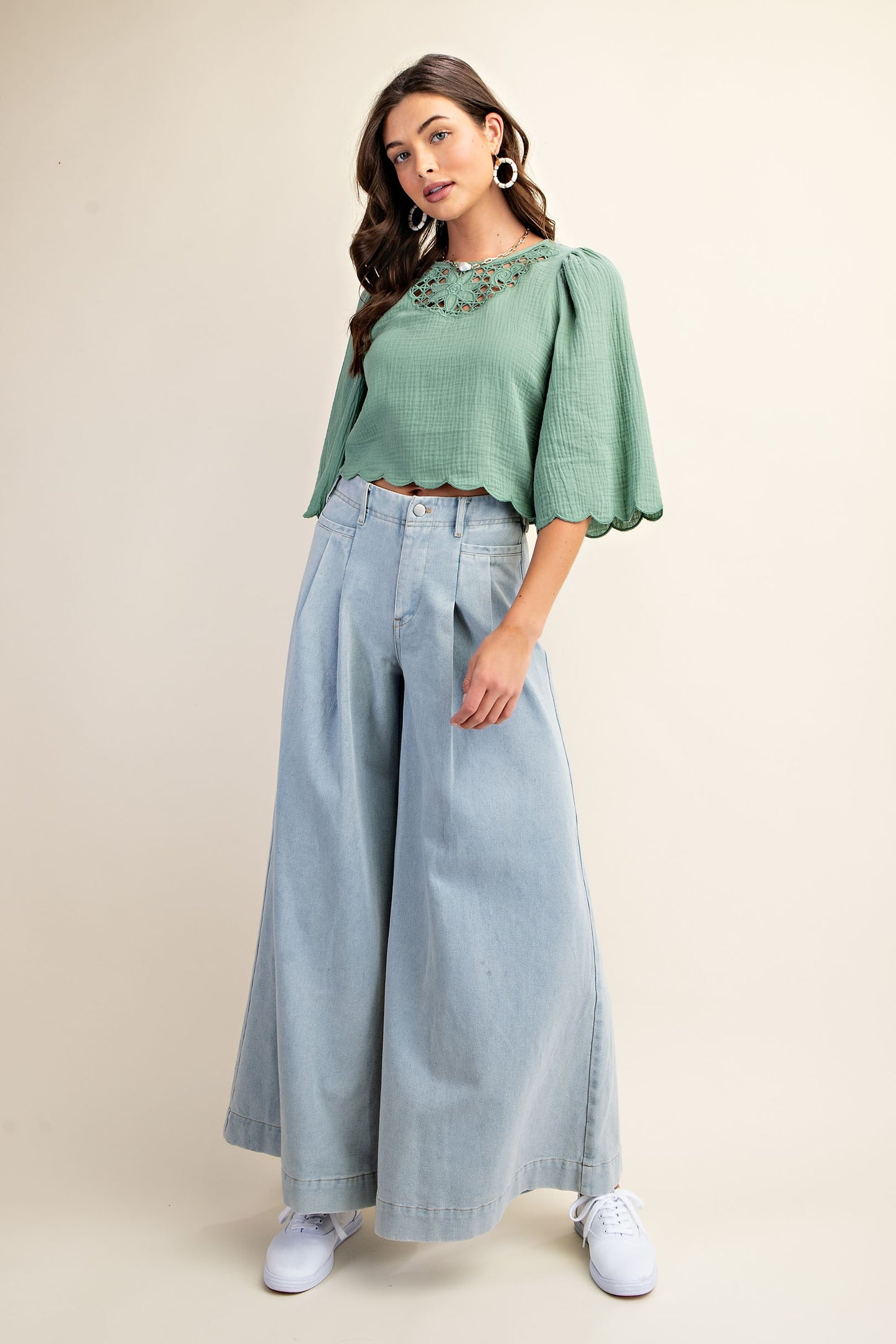 Embroidered Cutout Bell Sleeve Crop top