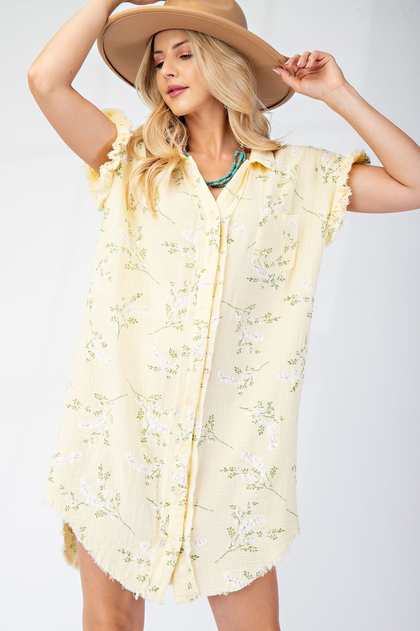 Floral Printed Gauze Shirt Dress