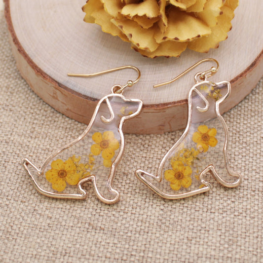 Floral Gold Dog Dried Flower Earrings