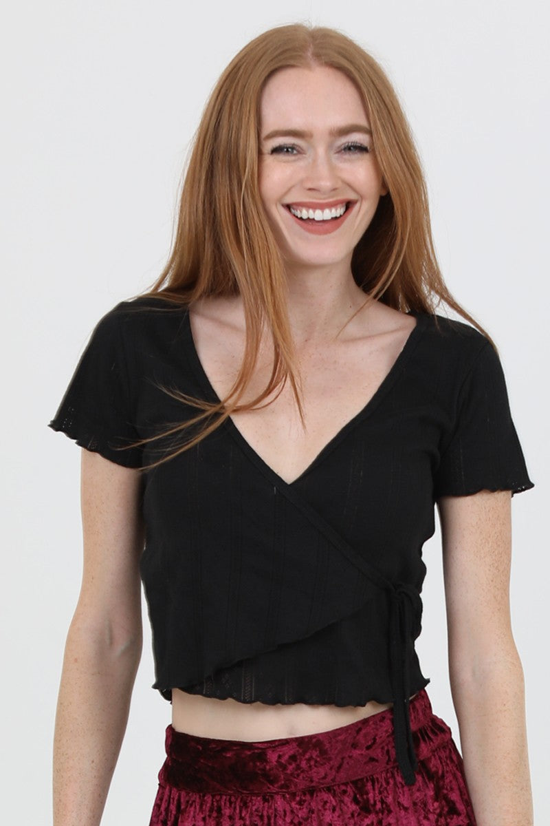 Pointelle Knit Wrap Top