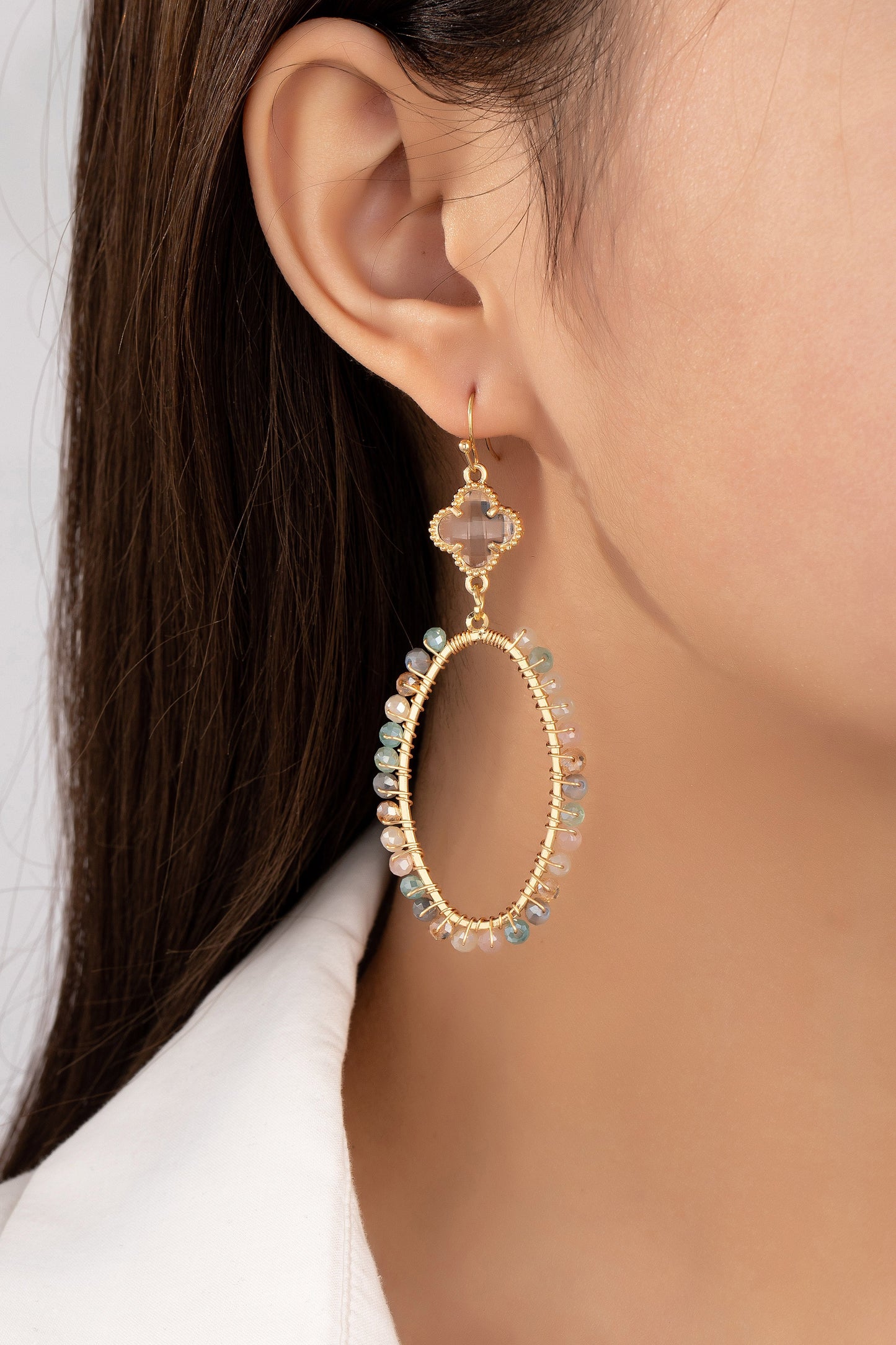 Elegant Beaded Oval Drop Earrings With Clover