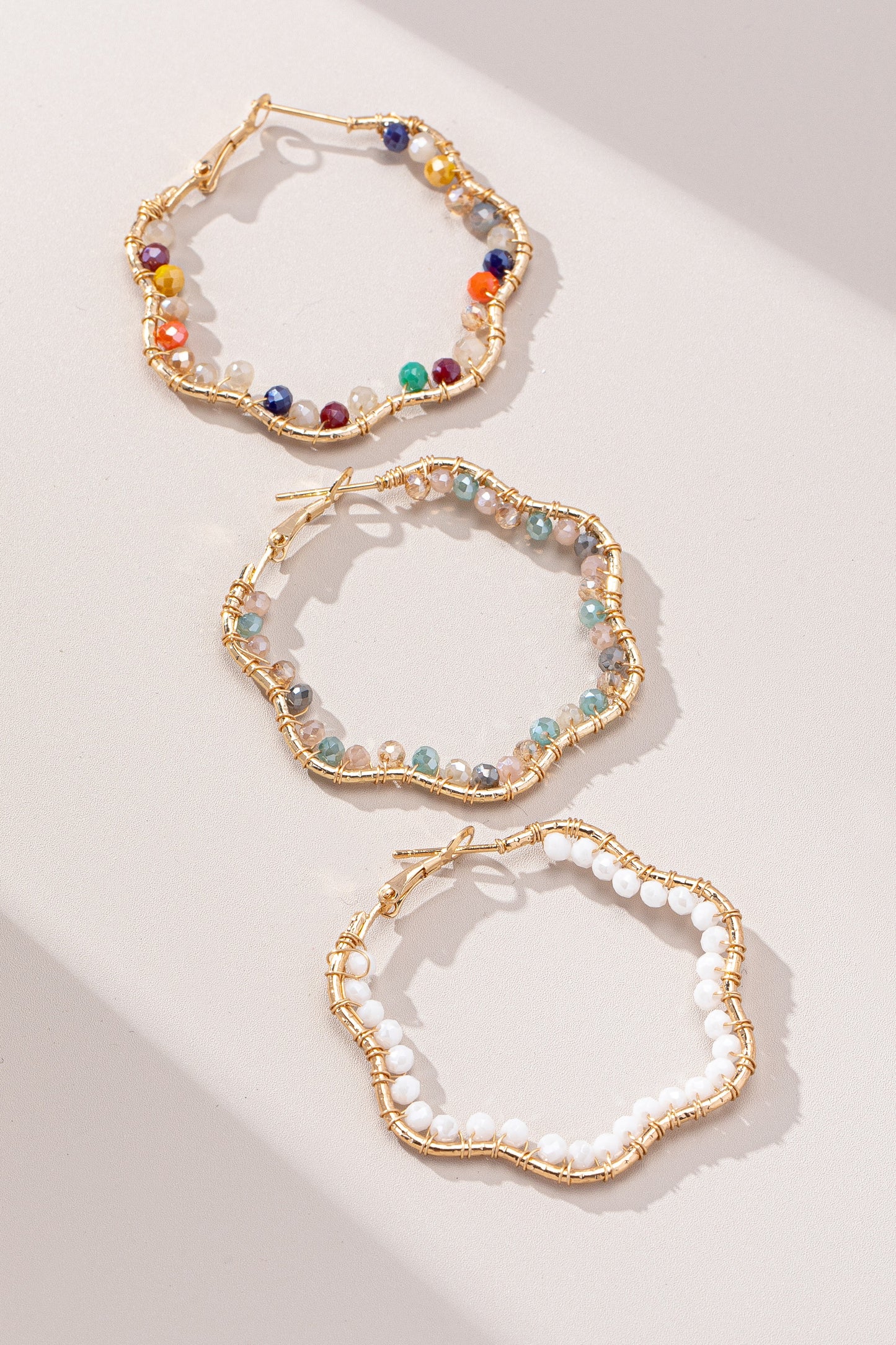 Wavy Gold Beaded Hoop Earrings