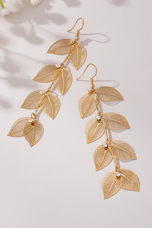 Brass Leaf Drop Earrings w/ Rhinestones