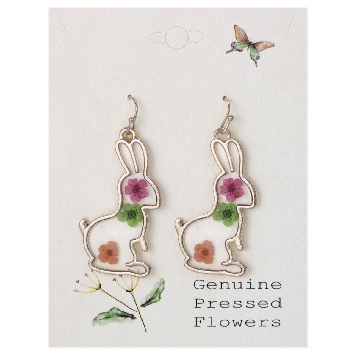 Spring Rabbit Dried Flower Silver Earrings