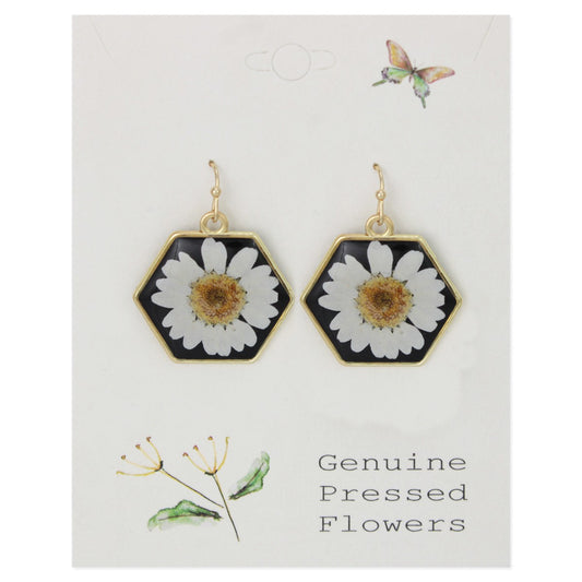 White Dried Flower Black Geometric Gold Earrings