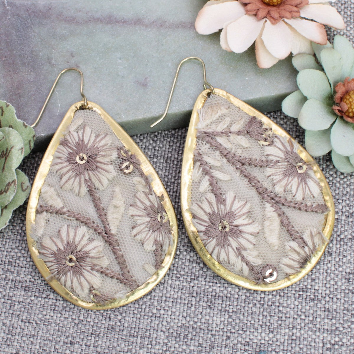 Embroidered Teardrop Earrings