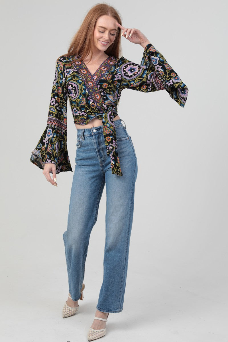 Flare Bell Sleeve Cropped Wrap Top