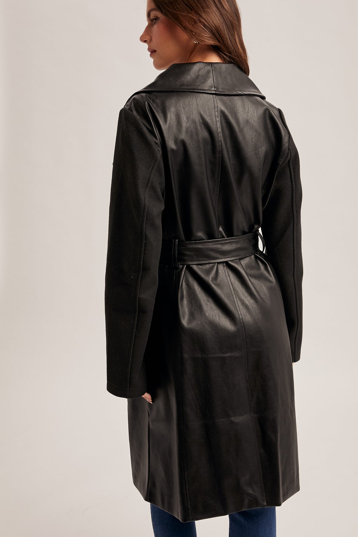 Faux Leather Belted Coat