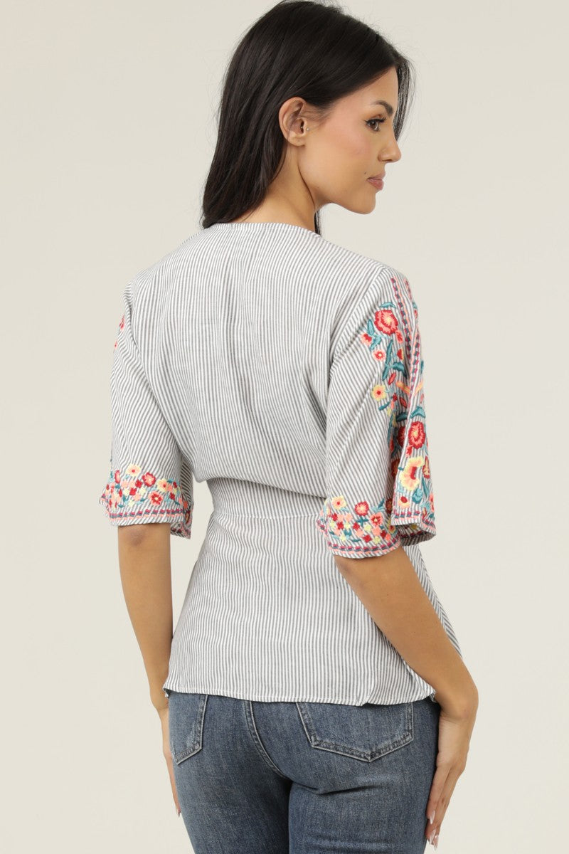 Embroidered Striped Wrap Top