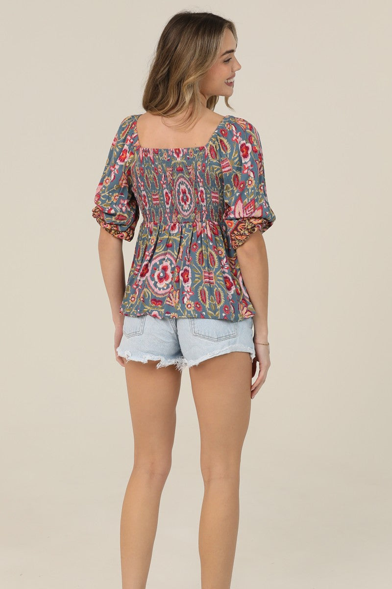 V Neck Twist Front Half Sleeve Printed Blouse