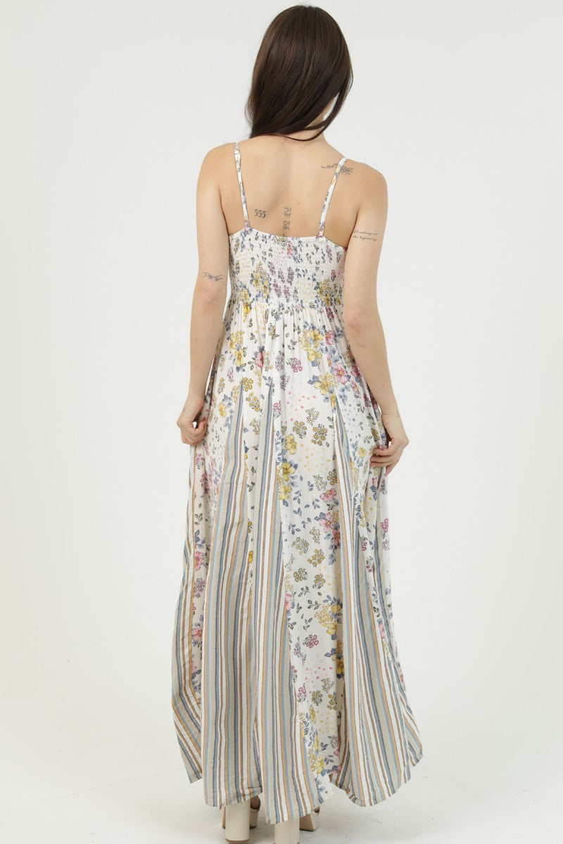 Twist Front Floral Stripes Print Mix Godet Maxi Dress