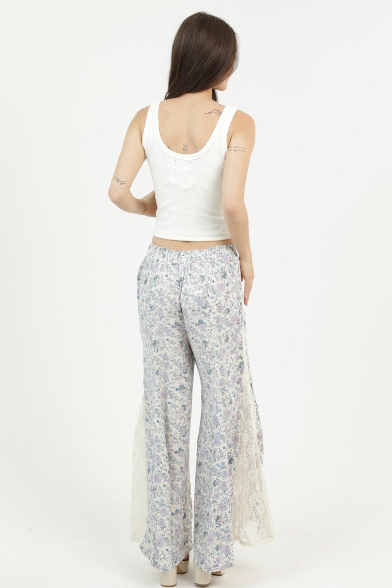 Floral Print Flare Pants w/ Lace Insets