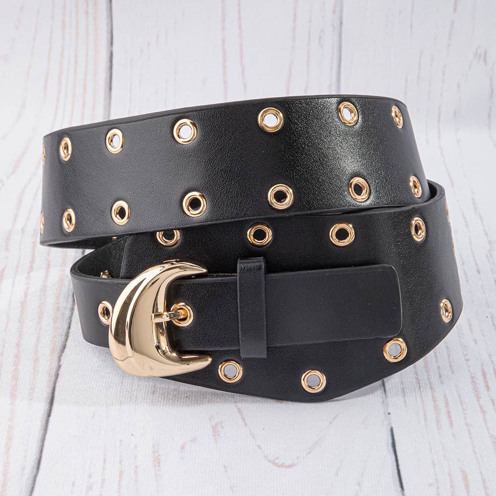 Wide Double Row Grommet Vegan Leather Belt