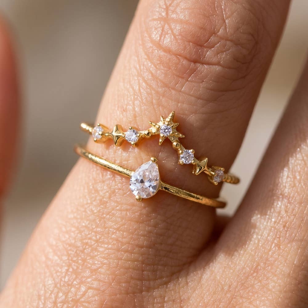 Cz Pear Stone & Star Double Band Ring