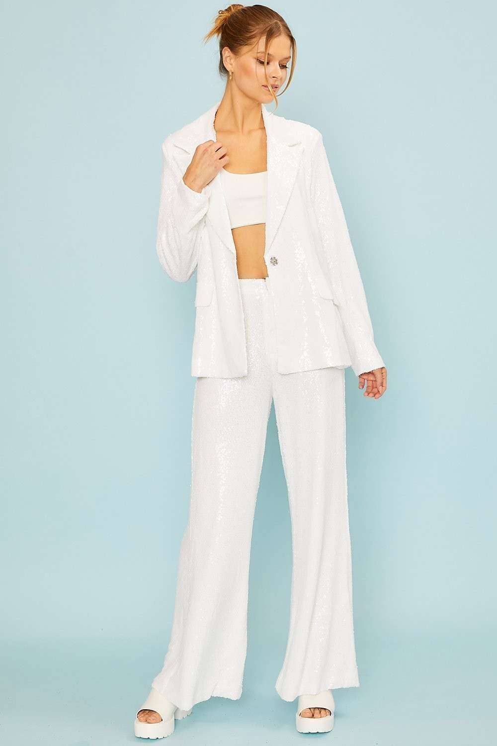 White Sequin Flare Pants