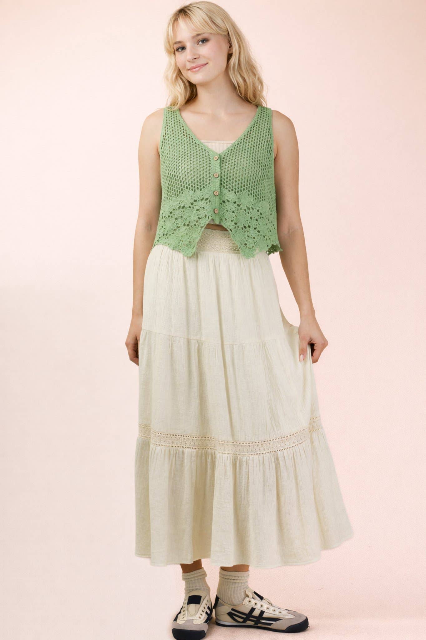 Crochet Knit Vest w/ Floral Hem