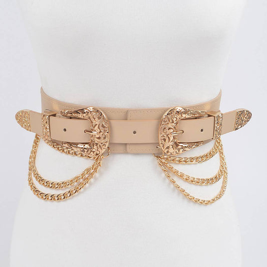 Double Buckle Layered Chain Stretch Belt