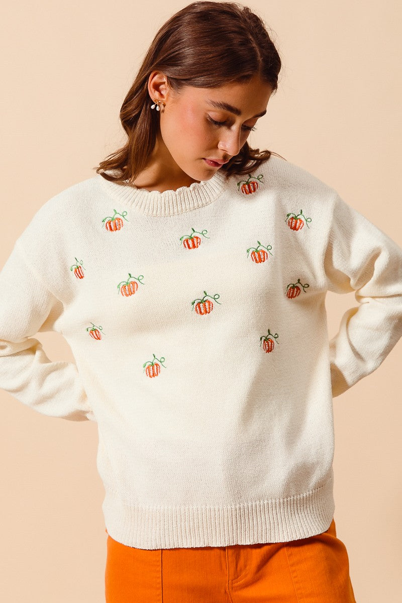 Pumpkin Embroidered Sweater