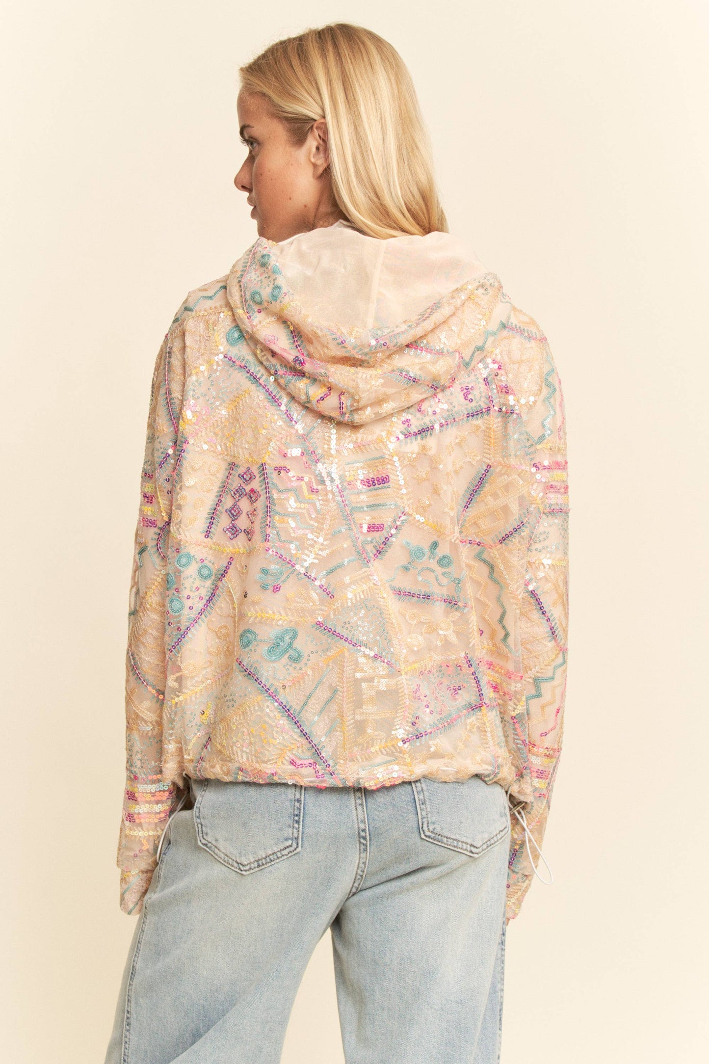 Sequin Embroidered Mesh Zip Up