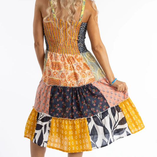Patchwork Spaghetti Strap Smock Dres,