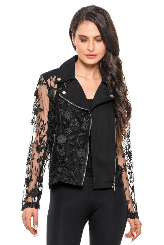 Black Elegance Embroidered Mesh Moto Jacket