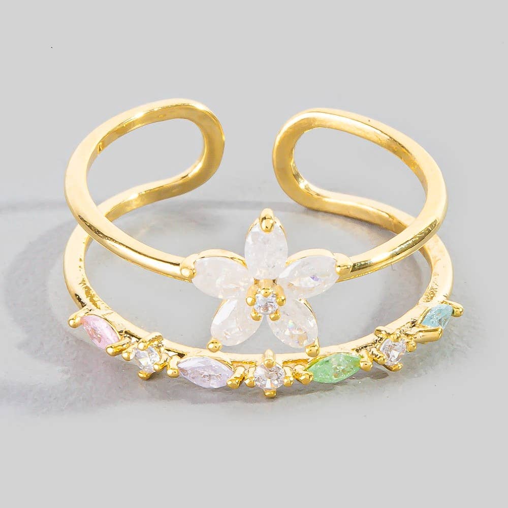 Silver Cz Flower Studded Two Row Ring