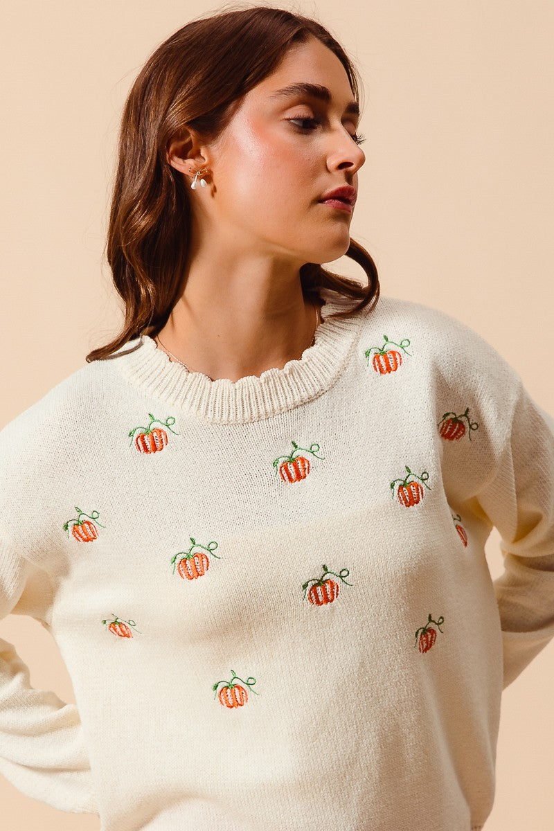 Pumpkin Embroidered Sweater