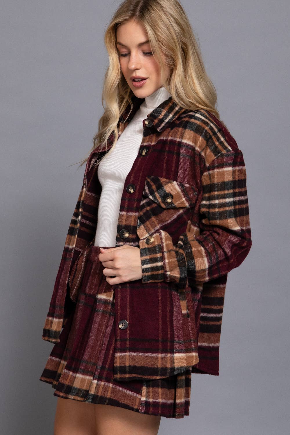 Wool Blend Plaid Button Down Shacket