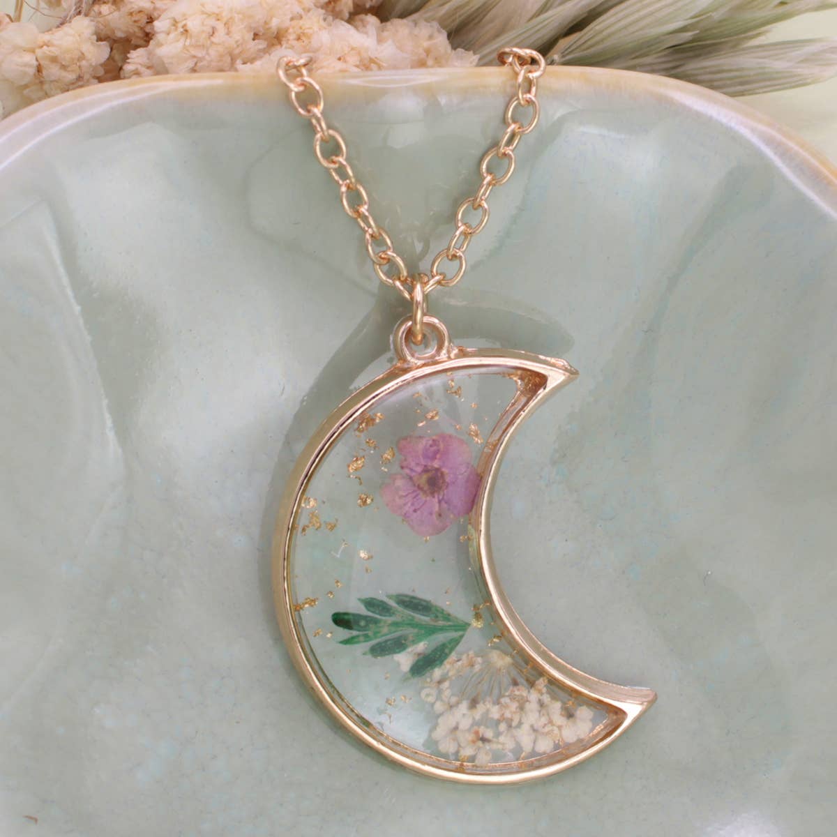 Purple Floral Moon Dried Flower Gold Necklace