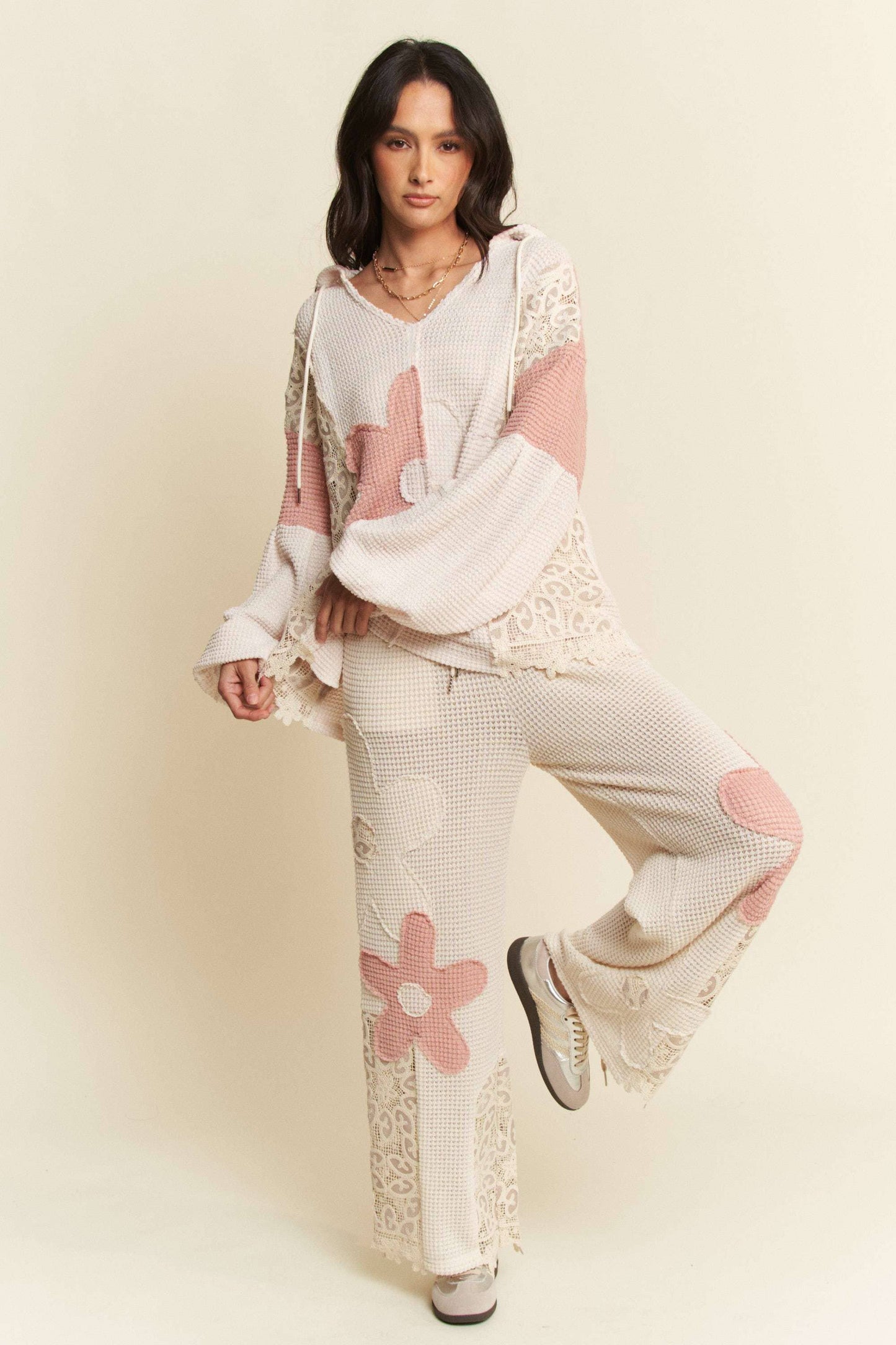 Floral Patch Waffle Knit Hoodie