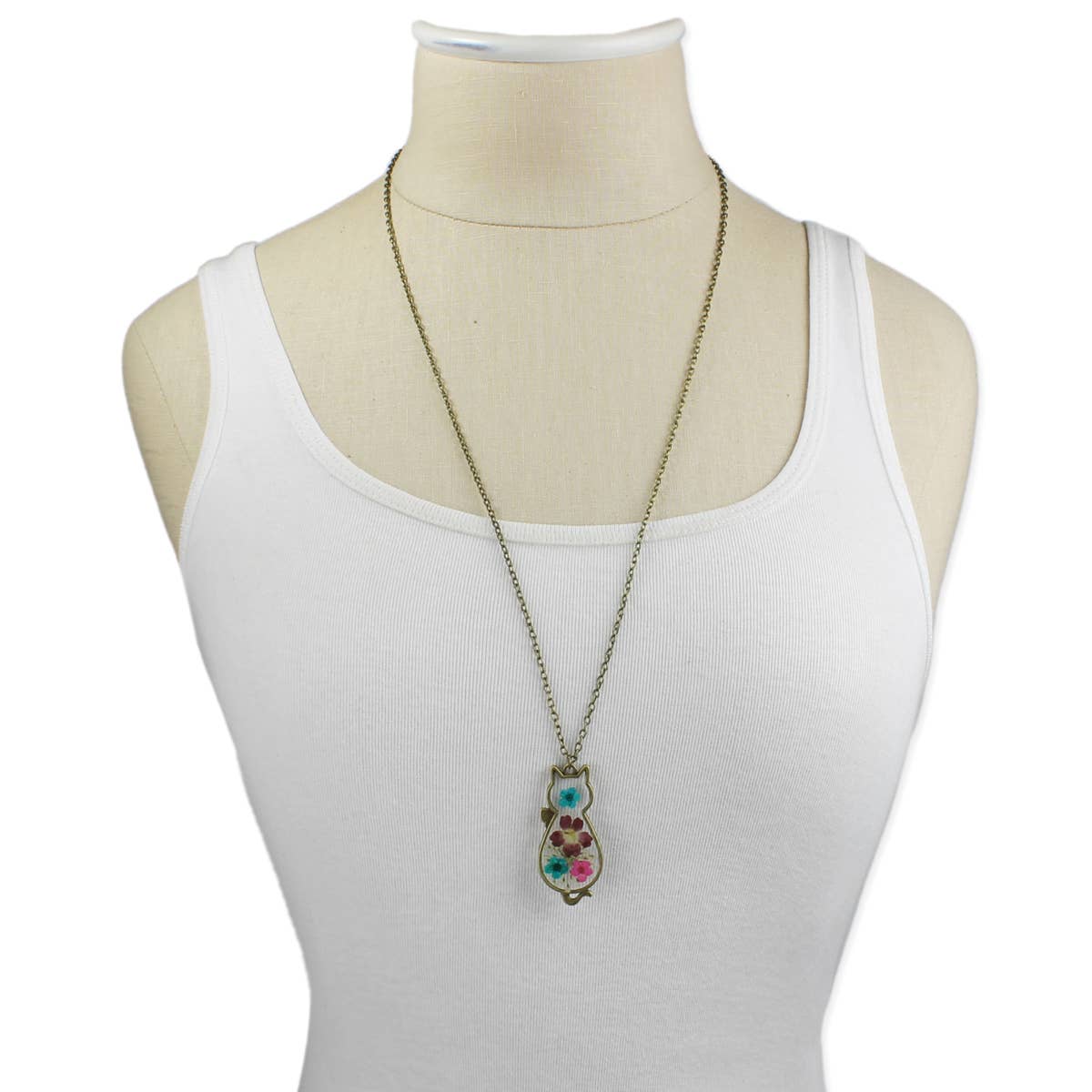 Vintage Floral Feline Dried Flower Necklace