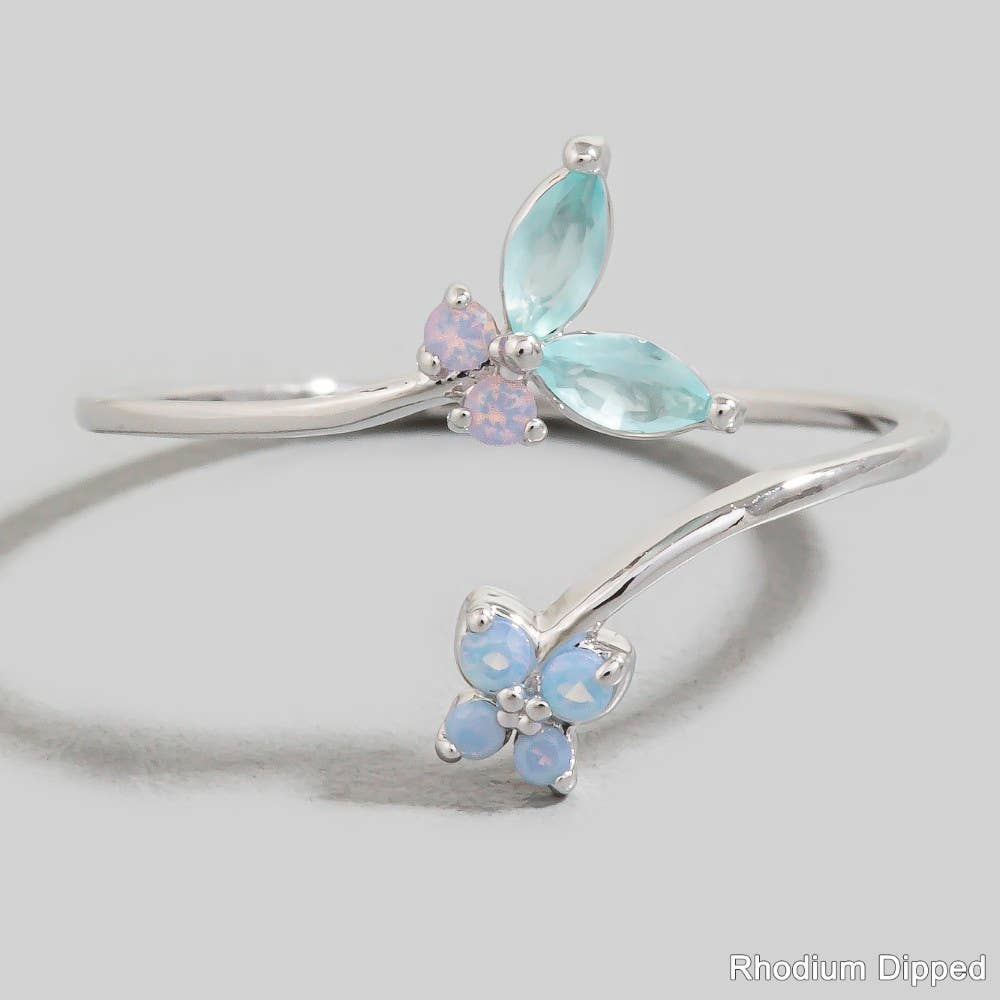 Butterfly & Flower Band Open Cz Ring