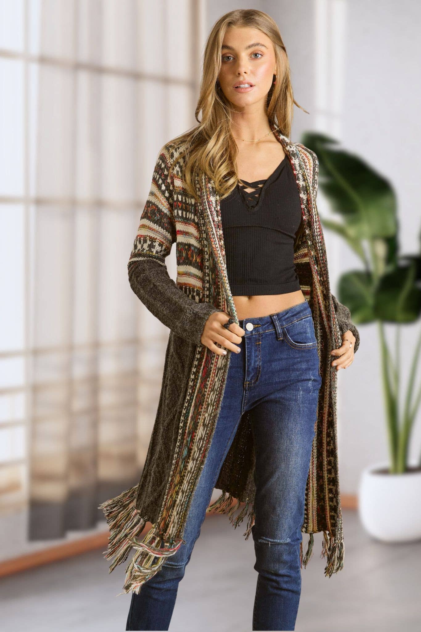 Olive Aztec Fringe Cardigan